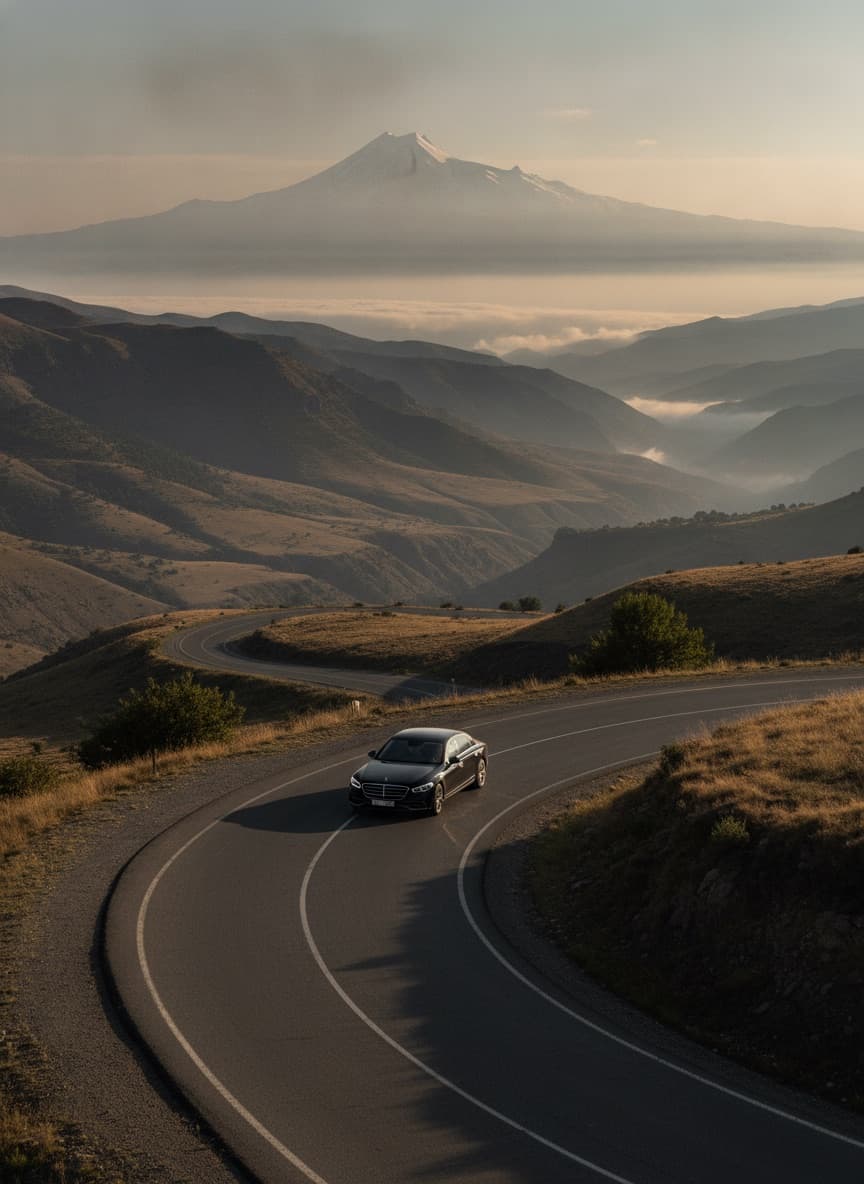 car on an empty mountain road, early light