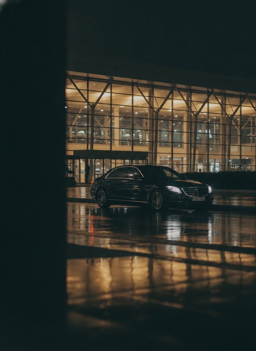 Car waiting outside the airport terminal at night