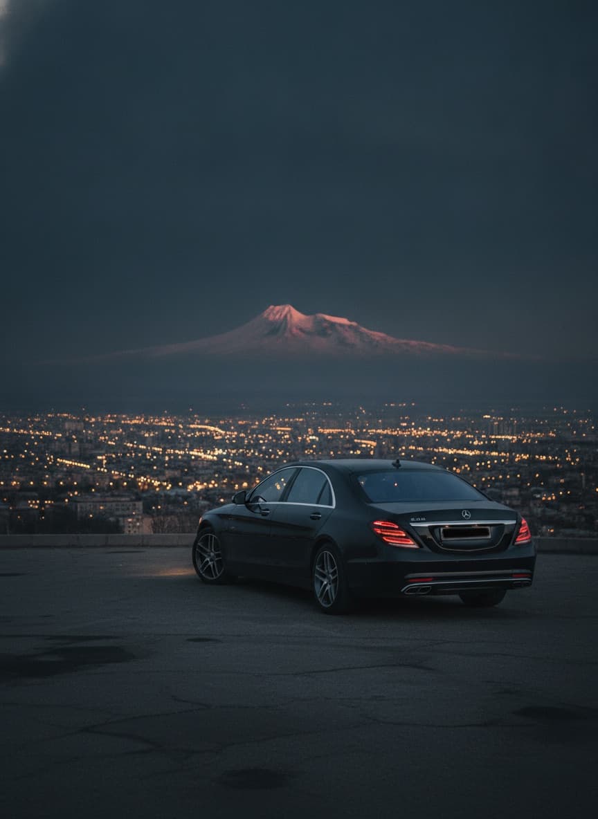 Black S-Class above Yerevan at blue hour, Mount Ararat beyond