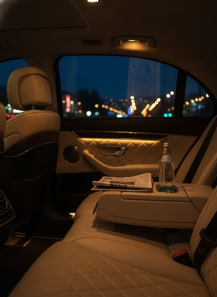Cream leather rear cabin, city lights through the window
