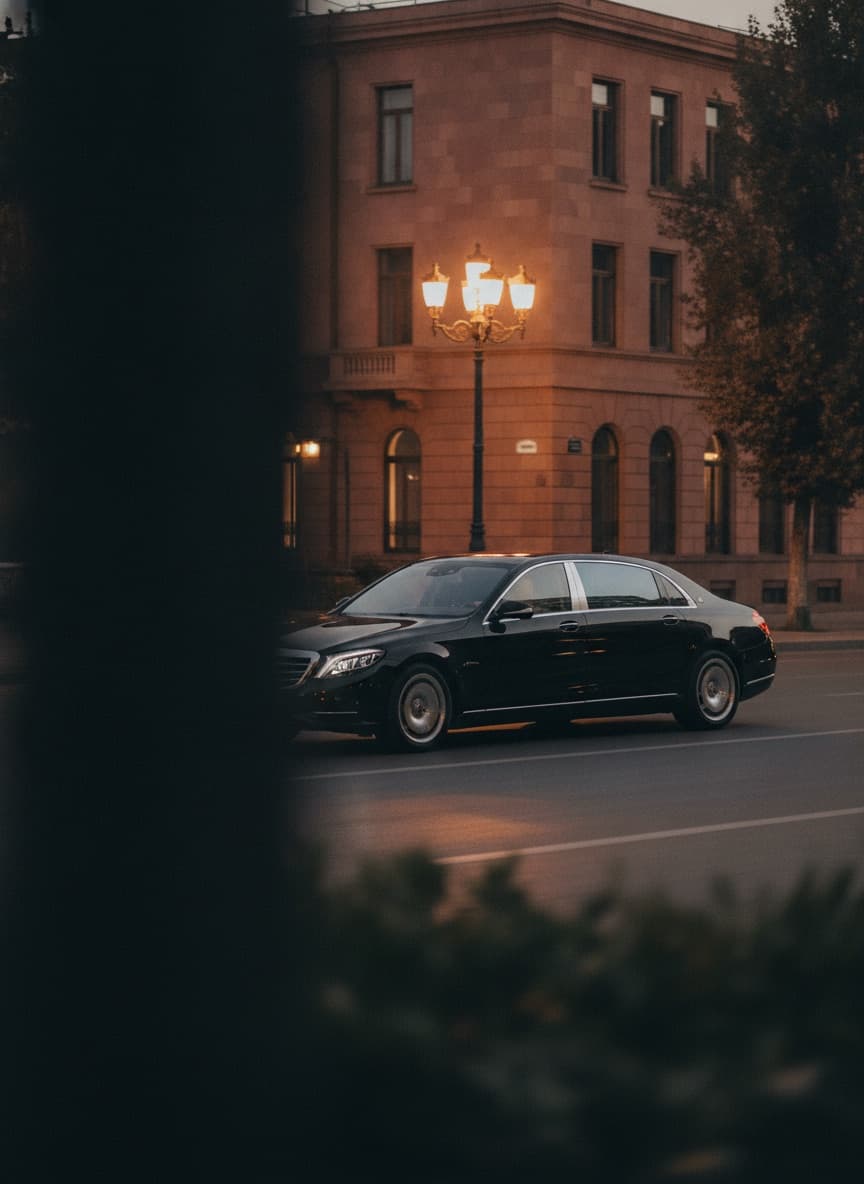 Black Maybach on a Yerevan boulevard at dusk